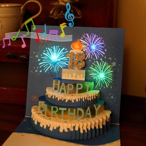 Vela sopável, cartão de aniversário luminoso 3D com música de feliz aniversário, cartão de felicitações pop-up em formato de bolo de aniversário, presente para ela, adequado para todas as idades