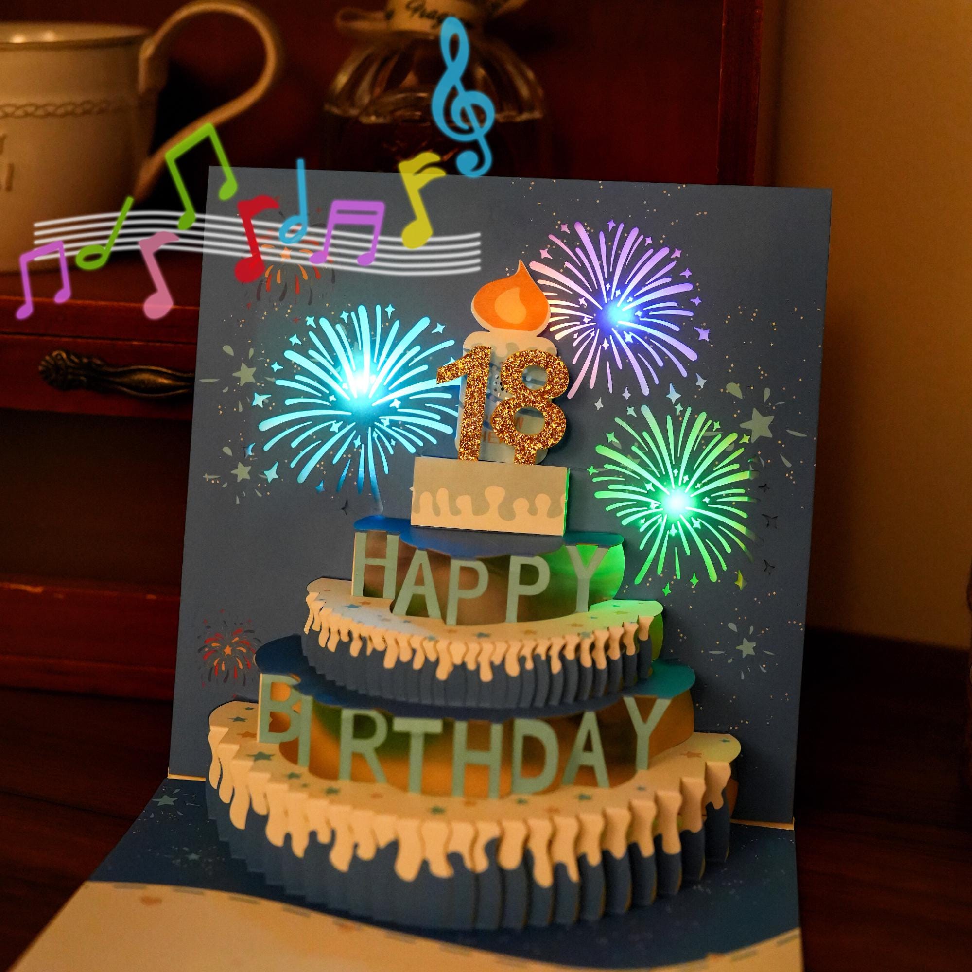 Blowable Candle, Age Custom Glowing 3D Birthday Card with Happy Birthday Song, Birthday Cake Pop Up Greeting Card, Gift for Her Birthday