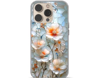 Funda para teléfono con efecto de vidrio y diseño de flores de vitrales, compatible con iPhone 16 Pro, iPhone 14, Samsung S25, A53, S21, S23 Ultra, Google Pixel 9 Pro