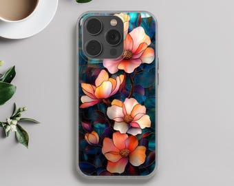 Funda para teléfono con efecto de vidrio y diseño de flores de vitrales, compatible con iPhone 16 Pro, iPhone 14, Samsung S25, A53, S21, S23 Ultra, Google Pixel 9 Pro