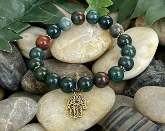 Bloodstone Mala Bracelet with Hand Charm