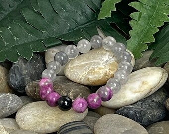 Sugilite, Gray Quartz and Tourmaline Wrist Mala Bracelet