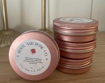 Lip Balm – Tallow, Castor Oil, Freeze-Dried Strawberry, Beeswax, Vitamin E & Vanilla Oleoresin in 1oz Rose Gold