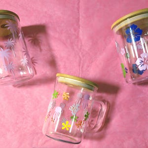 Jellyfish 16 oz Glass Cup with Bamboo lid and Straw, Aesthetic Tumbler, Iced Coffee Cup, Vinyl Tumbler, Reusable Cup, Gift for Ocean Lovers