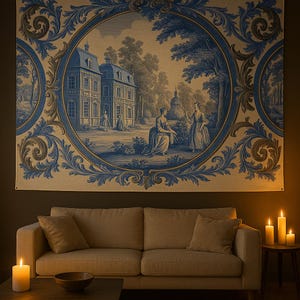Tapisserie murale florale bleue élégante, décoration d'intérieur vintage, tenture murale bohème, oreiller vintage, taie d'oreiller toile de jouy française