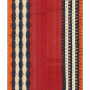 May include: A rectangular rug with a central red field and patterned borders. One border features a diamond design in navy, cream, and black, while the other has a repeating geometric pattern in white, black, and gray. Orange accents frame the edges.