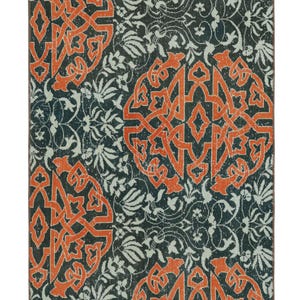 May include: A vintage rug with a repeating pattern of orange and black interlocking designs on a white background. The rug has a distressed look, giving it a vintage feel.