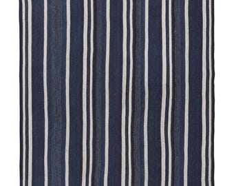Vintage Turkish Kilim Rug in Navy Blue, Black and White Stripes - Rug & Kilim