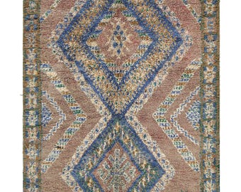 Vintage Moroccan Runner Rug, Blue and Brown with Geometric Patterns - Rug & Kilim