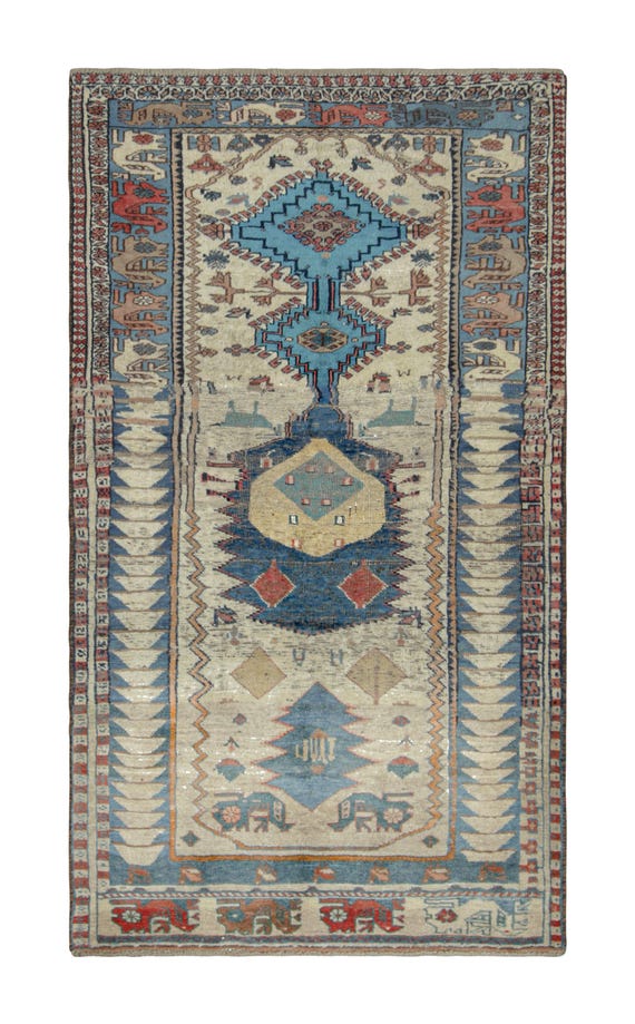 ヴィンテージ トライバルラグ、ブルー、幾何学模様 - ラグ＆キリム