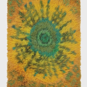 Peut inclure: Un tapis rectangulaire à poils longs avec un motif abstrait. Le tapis présente une spirale centrale dans les tons de vert et de sarcelle, entourée de jaune et d'orange. La texture duveteuse ajoute de la profondeur au revêtement de sol.