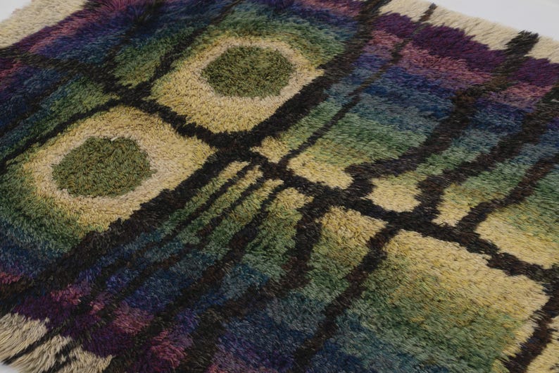 Etsy Rya Rug Kits Vintage Swedish Rya Rug, Beige With Bold Polychromatic Abstract Owl ...