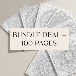 May include: A collection of black and white mandala coloring pages. The pages are fanned out, with intricate floral designs. A rectangular sign in the center reads "BUNDLE DEAL - 100 PAGES".