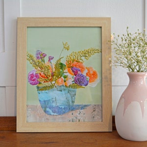 Peach roses in blue bowl, pressed flower art, floral collage, flower print, 8x10 print