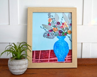 Blue & Brick, pressed flower art, floral collage, flower print, 8x10 print