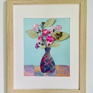 Eucalyptus with Pink Flowers, 8x10 art print, pressed flower collage