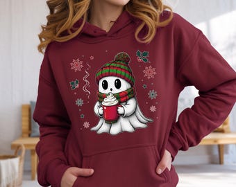 Cute Christmas Ghost With Coffee Mug Hoodie Sweatshirt T-Shirt, Holiday Ghost Shirt, Cozy Winter Apparel, Christmas Gift Idea