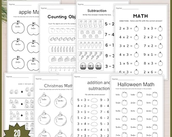 Mathe-Übung für Kinder Druckbare PDF Klasse 1–3 Zugabe und Substrahtion Zählen 20 Seiten
