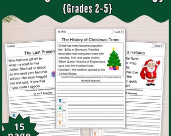 May include: A reading comprehension worksheet titled "Reading with RACE strategy" for grades 2-5. The image features three worksheets with text about Christmas trees and Santa Claus, along with a green starburst that says "15 page".