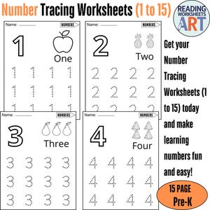 数字のトレースワークシート（1～15）：幼児向け手書き練習（PDF）