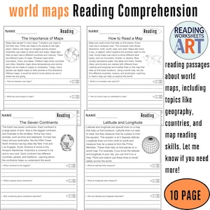 Cartes du monde, compréhension de lecture, passages, feuilles d'exercices géographiques, feuilles d'exercices PDF pour enfants, imprimables, activités pratiques ELA, questions sur les passages