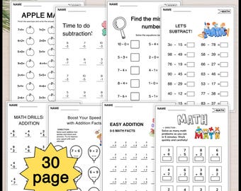 May include: A collection of 30-page math worksheets for 1st-3rd grade students. The worksheets cover addition, subtraction, and missing number problems. Each page is white with black text and colorful illustrations.