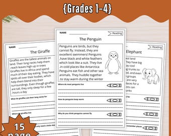 Animals Reading Comprehension Worksheets: Grades 1-4, Printable ELA (PDF Download)