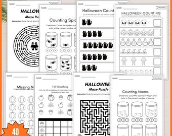 Halloween Activity Pack | Counting, Subtraction, Mazes, Word Search & Line Tracing Worksheets for Kids