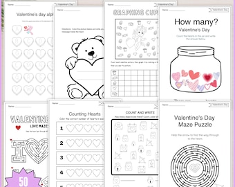 Pacote de atividades imprimíveis para o Dia dos Namorados: páginas para colorir, labirintos, palavras cruzadas, download instantâneo em PDF.