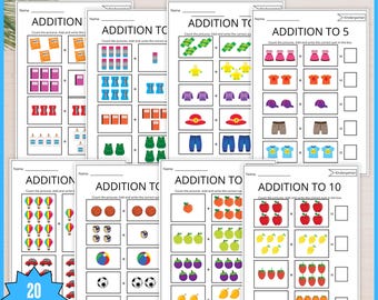 Zählen und Addieren Arbeitsblätter, Vorschule Kindergarten Mathe-Paket 20 Printables PDF-Download