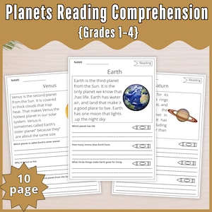 Planets Reading Comprehension Worksheets: Grades 1-4 ELA (PDF Printable