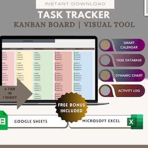 Business Task Tracker & Kanban Board Spreadsheet Template: To-Do List Planner for Productivity and Time Management (Daily, Weekly, Monthly)