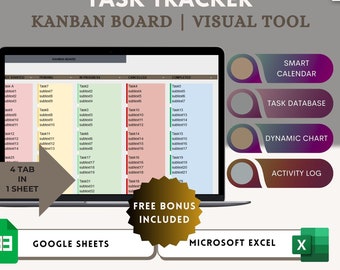 May include: A digital task tracker template with a Kanban board layout. The template is divided into four columns: To Do, In Progress, Done, and Cancelled. The template includes a free bonus with a smart calendar, task database, dynamic chart, and activity log. The template is available in Google Sheets and Microsoft Excel.