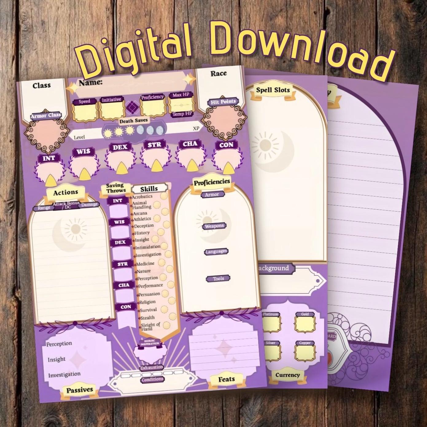 Custom Sunset Dnd Character Sheet Set | Printable Fillable RPG ...