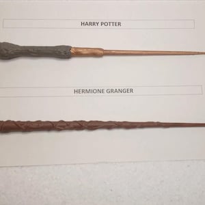 Può includere: Due bacchette mostrate su un foglio bianco con etichette. La bacchetta in alto è etichettata HARRY POTTER, con un manico testurizzato grigio scuro e un'asta liscia marrone chiaro. Quella in basso è etichettata HERMIONE GRANGER, con un motivo a vite marrone.
