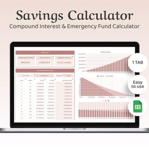 Puede incluir: Una pantalla de computadora portátil que muestra una hoja de cálculo con una calculadora de ahorros. La hoja de cálculo muestra una tabla con columnas para el mes, los ahorros, los intereses y el total. La hoja de cálculo también incluye un gráfico que muestra el crecimiento de los ahorros a lo largo del tiempo. El texto en la pantalla dice "Savings Calculator" y "Compound Interest & Emergency Fund Calculator". La computadora portátil está sobre una superficie blanca. La imagen también incluye un icono de pestaña verde con un símbolo de hoja de cálculo, el texto "1 TAB" y el texto "Easy to use".