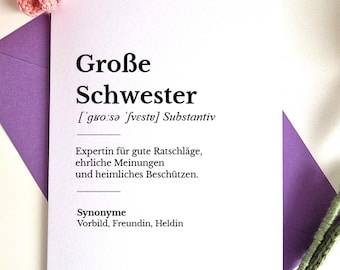 Grosse Schwester Definizione Karte – Humorvolle Geschwister Geschenke (A6)