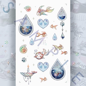 Foglio di adesivi: [Monkee'sFinest] n. 5 Rainbow Drop Fish Stickerbogen / adesivi per diario, calendario, pianificatore, album, illustrazione, acquamarina