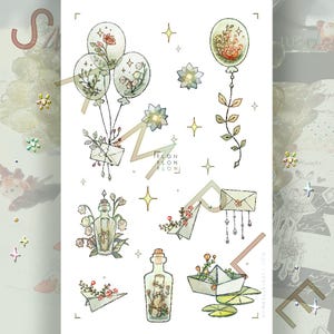 Hoja de pegatinas: [Monkee'sFinest] No. 1 Words From Afar/pegatinas para diario, calendario, planificador, álbum de recortes, ilustración, flor, avión de papel
