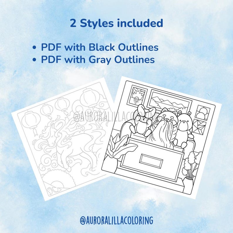 May include: Two coloring pages with black and gray outlines are displayed. One features a horse with lanterns, the other shows stuffed animals on a couch. Text reads "2 Styles included" and "PDF with Black Outlines" and "PDF with Gray Outlines".