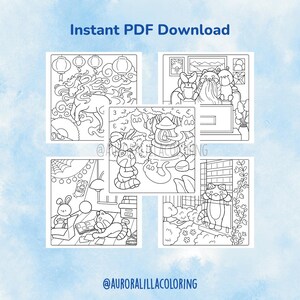 May include: Five black and white coloring pages with cartoon illustrations. The pages feature various scenes, including a dragon with lanterns, animals watching TV, and a red panda by a window. Text at the top reads "Instant PDF Download".