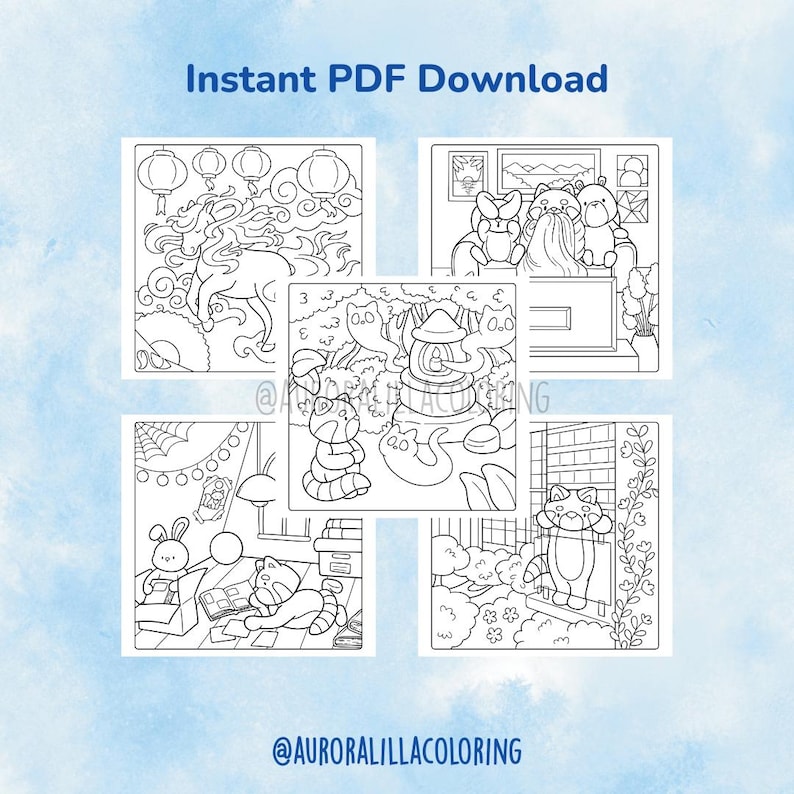May include: Five black and white coloring pages with cartoon illustrations. The pages feature various scenes, including a dragon with lanterns, animals watching TV, and a red panda by a window. Text at the top reads "Instant PDF Download".
