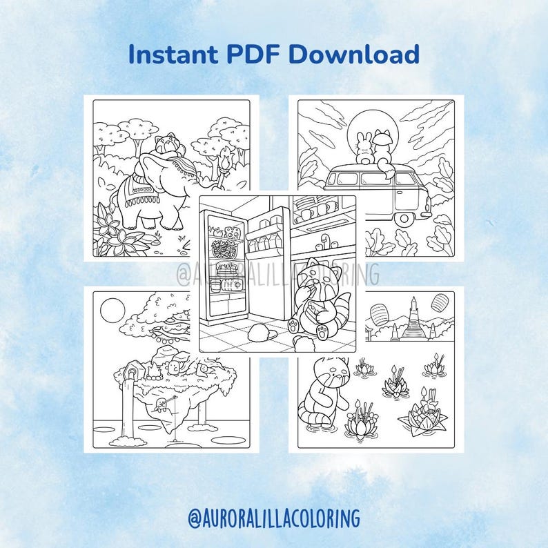 May include: A collection of five black and white coloring pages featuring whimsical scenes. The images include an elephant, a van with animals, a red panda in a refrigerator, a floating island, and a scene with floating lanterns. The text "Instant PDF Download" is at the top.
