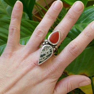 Jaspis en moonkaiet, edelsteen, 925 sterlingzilveren ring, handgemaakt, kristal, maat 8, statementring