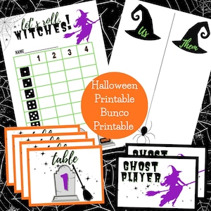 May include: Halloween-themed printable Bunco game set. Includes score sheets, table cards, and player cards. The design features witch silhouettes, tombstones, and the text "Let's roll witches!" and "Ghost Player".