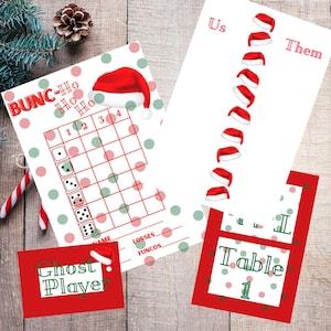 May include: A printable Christmas game board with a red and green Santa hat design. The game board includes a grid with numbers 1 through 4 and the words "BUNC-Ho Ho Ho", "Name", "Losses", and "Funcos".