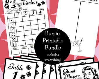 May include: A printable Bunco game bundle featuring retro-style illustrations. Includes score sheets, table numbers, and a "Ghost Player" card. The text "Let's roll, bitches" is displayed on one sheet.