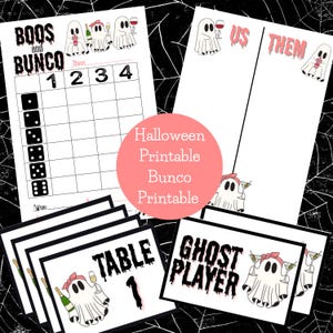 May include: A collection of Halloween-themed printable Bunco game materials. The image includes score sheets, table cards, and ghost player cards. The text includes "Boos and Bunco", "Us", "Them", and "Ghost Player". The design features cartoon ghosts with drinks.