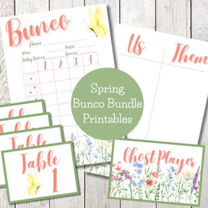 Peut inclure: Ensemble de jeu de Bunco à thème printanier avec un motif floral. Comprend des cartes de score, des numéros de table et une carte de joueur fantôme. Les cartes sont imprimées sur du papier blanc avec une bordure verte.