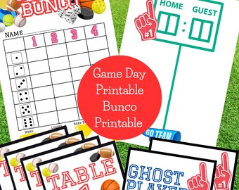May include: A collection of printable game day materials, including a Bunco score sheet, table cards, and a scoreboard. The designs feature sports equipment like basketballs and footballs, with the text "Game Day Bunco" and "Table 1".